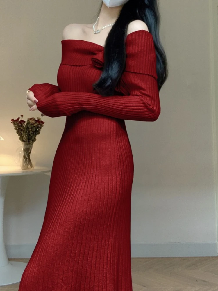 Women Sexy Off Shoulder Knitted Dress Autumn Winter Vintage Long Sleeve A-line Elegant Long Dresses Ladies Sweater Long Robe