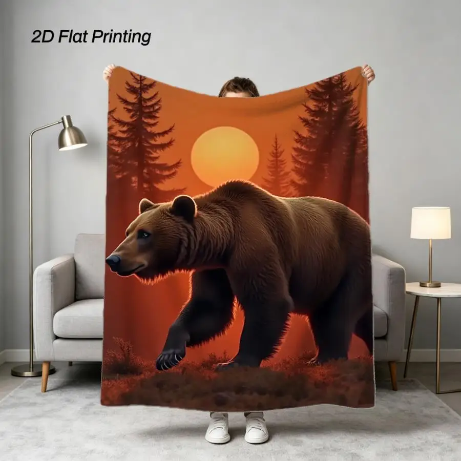 1pc Majestic Brown Bear Forest Sunset Flannel Blanket - Soft All-Season Throw with Earthy Wildlife Design, Machine Washable for Home, Travel, Camping, Cozy Gift Idea for Family and Friends Weighted Blanket 280GS