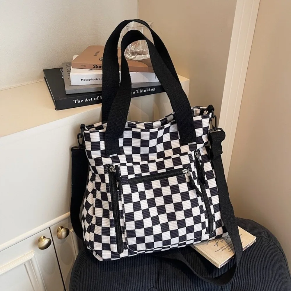 Polyester Checkerboard Pattern Crossbody Bag Large Capacity Multi-Pocket Handbag Zipper Closure Reusable Tote Bag Shopping