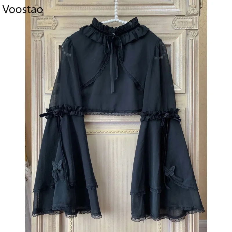 Cardigan Lolita gotico Vintage vittoriano top donna elegante manica svasata medievale camicie con ricamo a farfalla camicetta Punk femminile