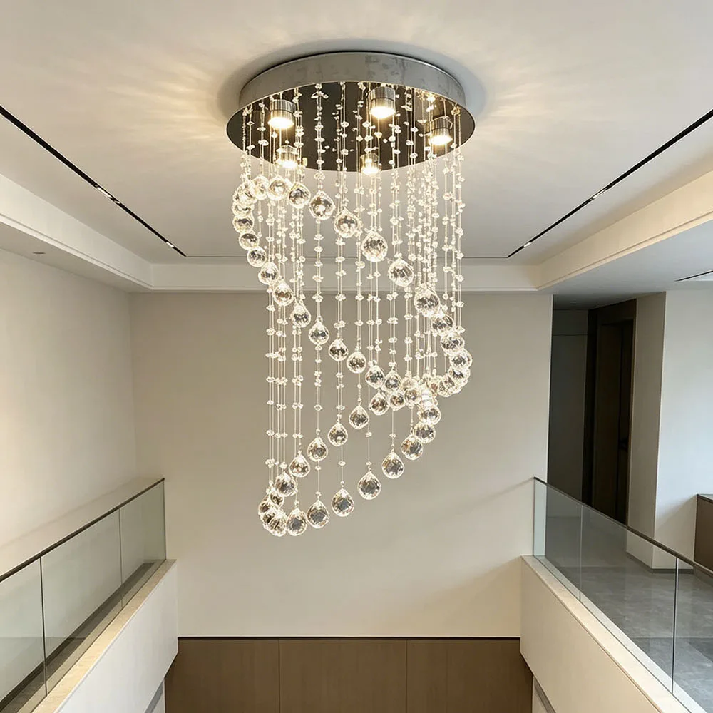

Modern Spiral Crystal Chandelier Long Hanging Pendant Light Duplex Staircase Villa High Ceiling LED Ceiling Lamp