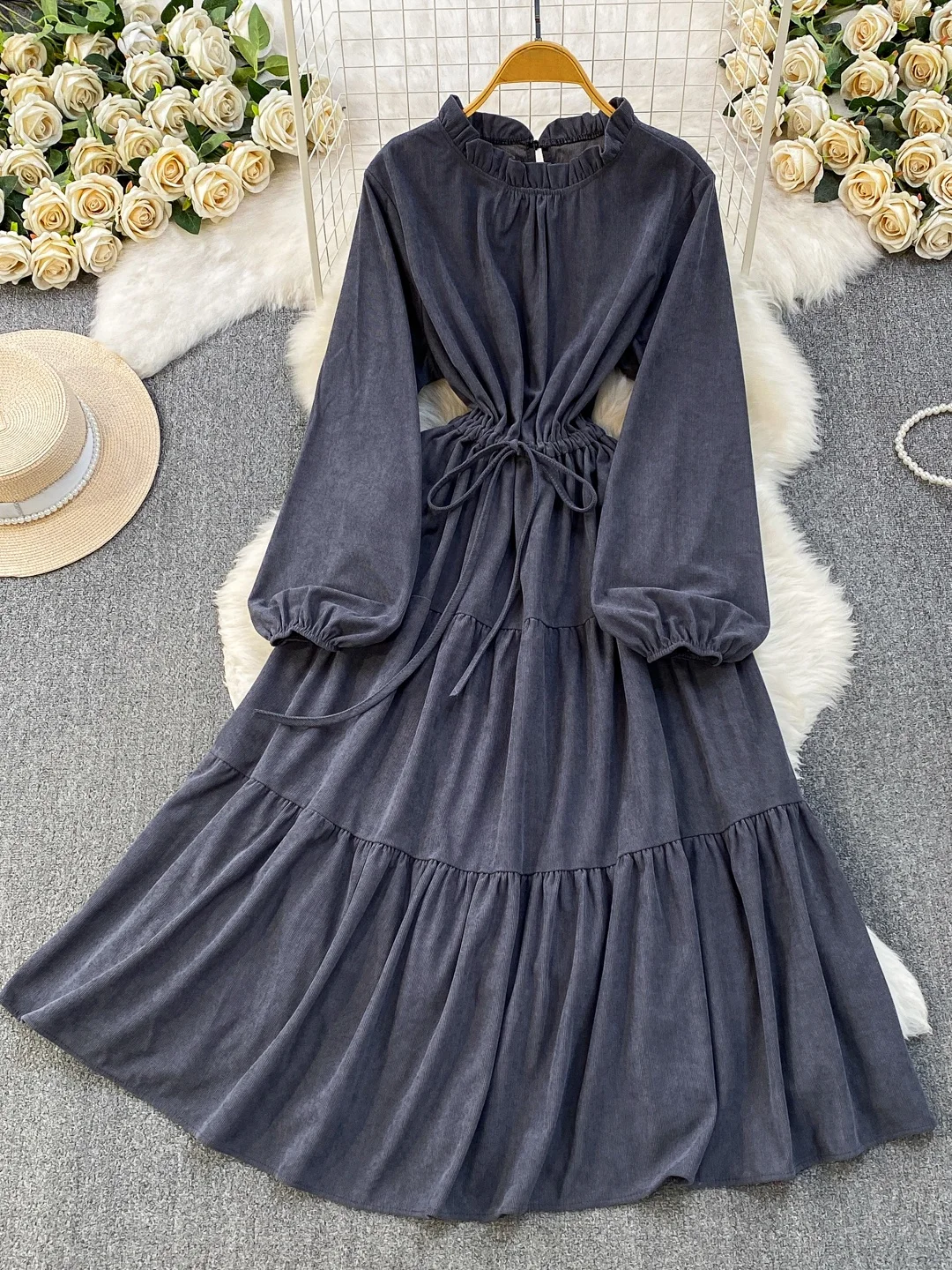Retro Corduroy Long Sleeve round Neck Dress Women Spring Autumn Drawstring Waist Slimming Draping Lace Trim Long Dress