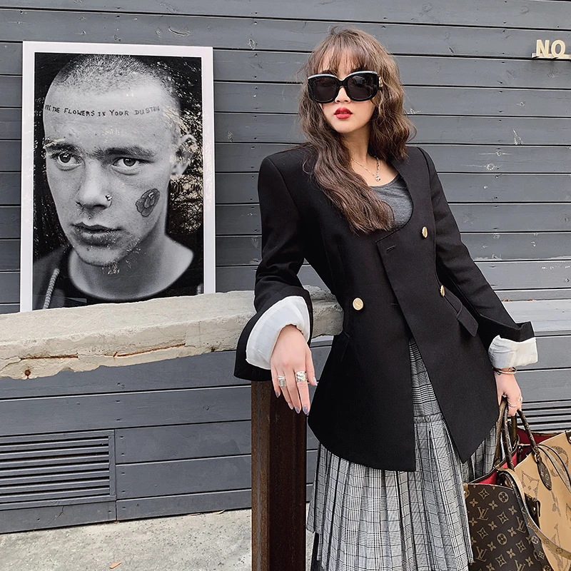 

Модный женский костюм с U-образным вырезом из элегантной ткани, с длинными рукавами, стандартной длины, для концевого сезона