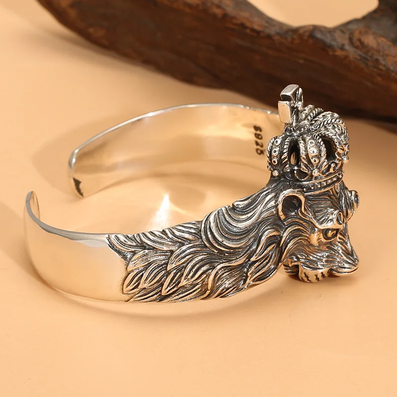 Crown lion's head open-ended bracelet S925 sterling silver domineering personalized Thai silver retro hipster punk bracelet