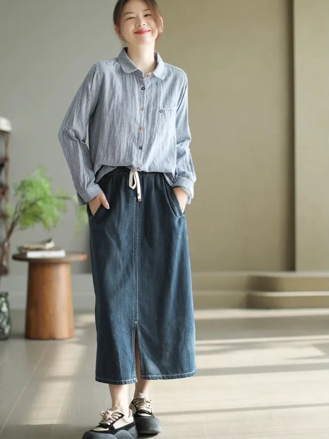 Low Profile Commuting Vertical Stripes Cotton irt Loose Long Sve Damen Faion Retro Sle Atmungsaktives, bequemes Oberteil