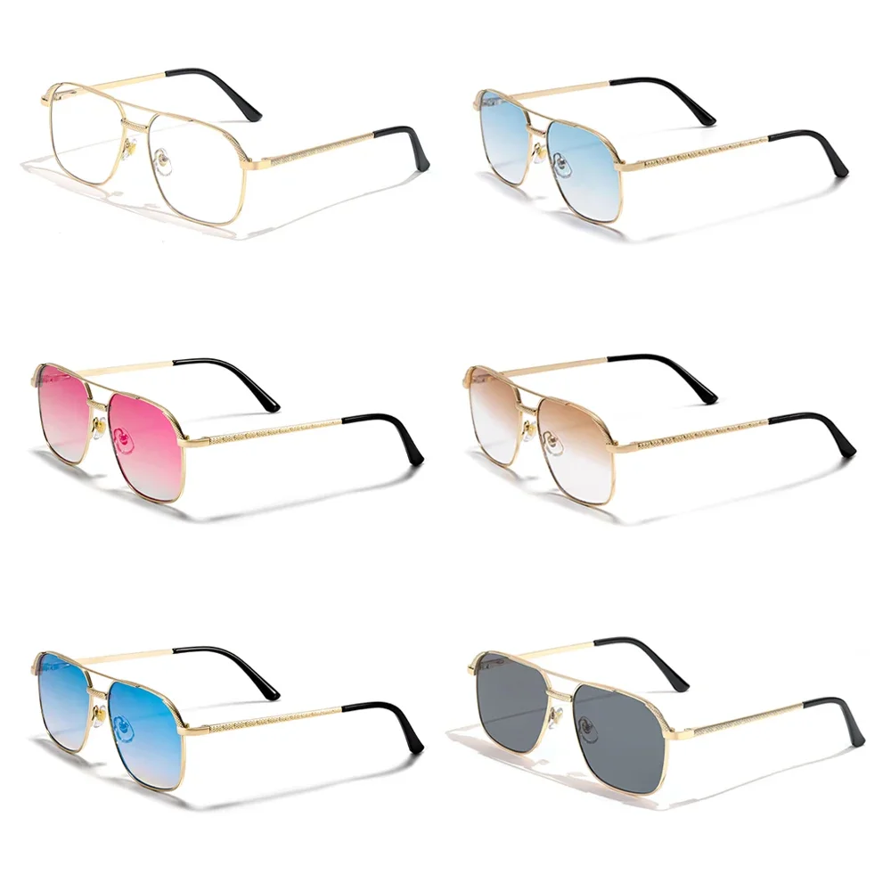 Pilot Sunglasses for Men and Women Flat Double Bridge Square UV400 Metal Frame Gradient Lens Fashion Sunglasses