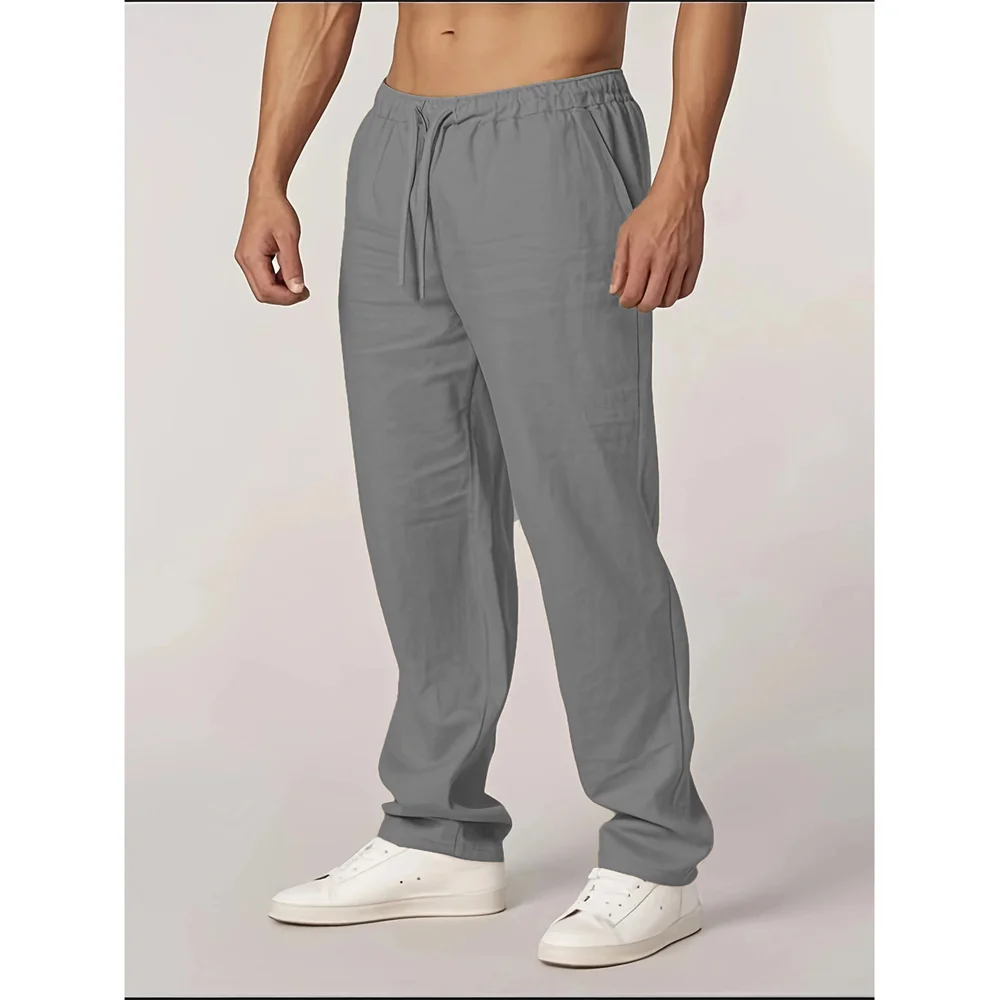 خريف جديد الرجال القطن الكتان السراويل مستقيم الساق خفيفة الوزن تنفس عادية الأساسية نمط مرونة الخصر السراويل الطويلة #5