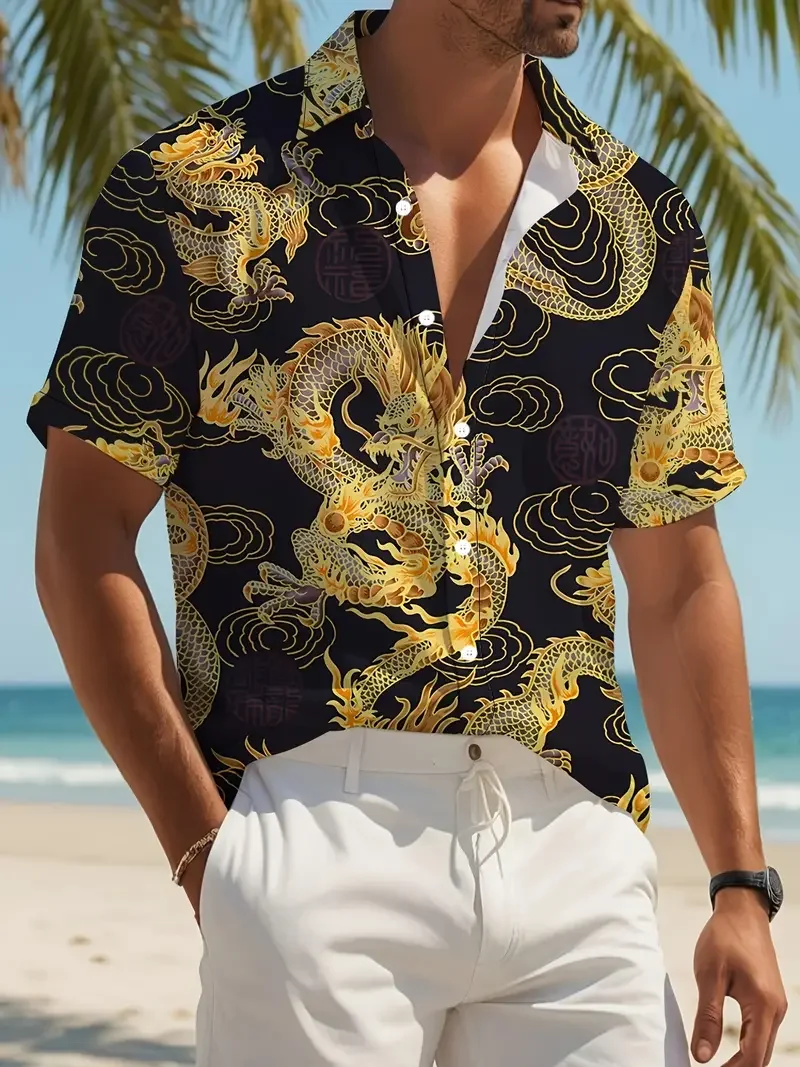 

Men's European and American popular summer fashion short sleeved shirts with Chinese elements, luxurious gold dragon printing, h