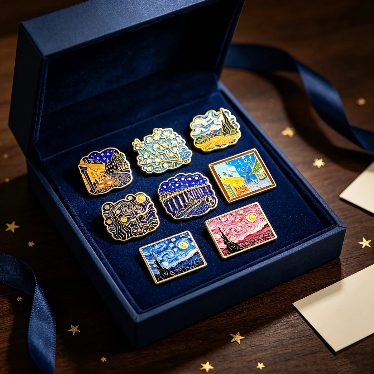 8-teiliges Van-Gogh-Kunst-Broschen-Set, Sternennacht-Metall-Emaille-Anstecknadeln, Abzeichen für Rucksack, Kleidung, Accessoires, Schmuck, Geschenk für Freunde – Detail 4
