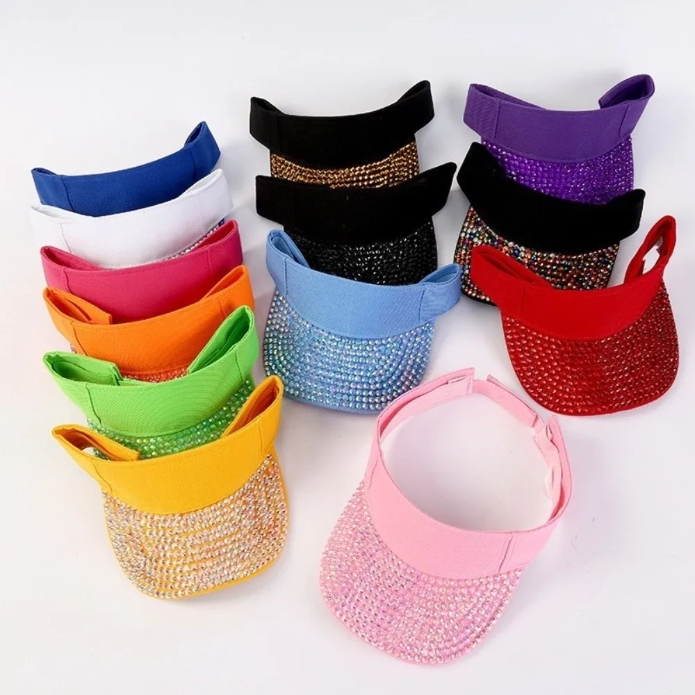 Fashionable Breathable Empty Top Hat with Embedded Rhinestones Wide Brim Diamond Encrusted Hat Candy Colored Sunshade Cap Beach