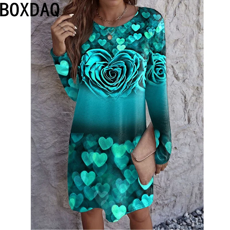 

3D Gradient Rose Heart Shaped Pattern Print Dress Women Long Sleeve O-Neck Casual Dress Big Size 3XL Female Mini Dress Vestidos