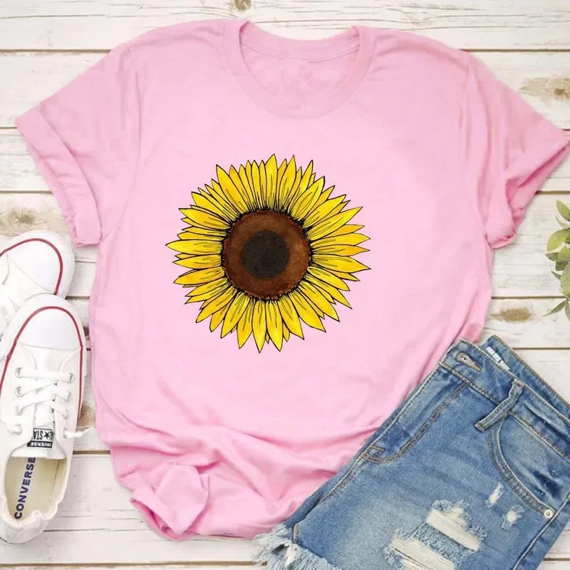 Print Women T Shirt Golden Sunflower Short Sleeve Top O Neck Loose Women T-shirt Ladies Tee Funny Clothes Camisetas Mujer Shirt