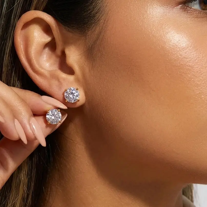 Brilliant Minimalist Stud Earrings for Women Brass Zircon Large Round Solitaire Statement Elegant Everyday Chic Jewelry