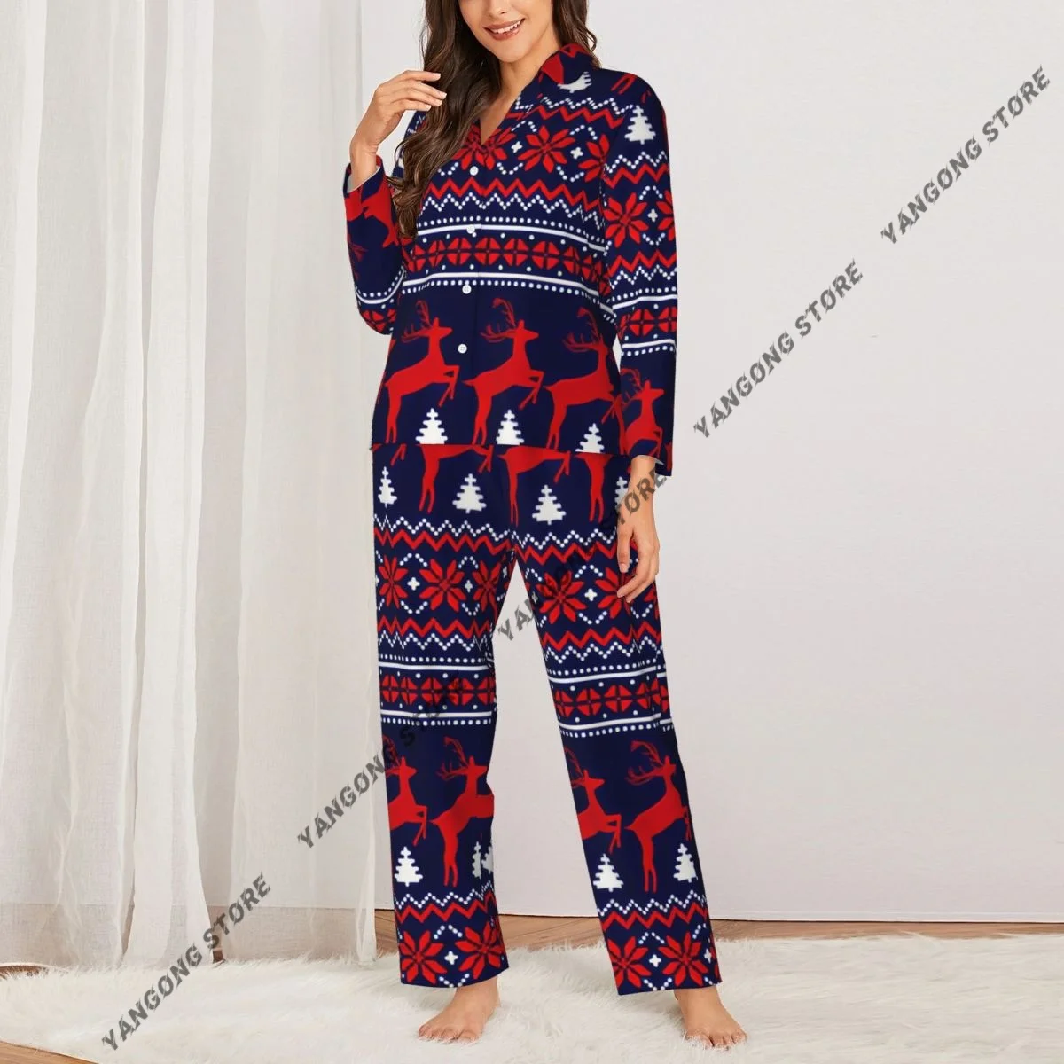 Knitted Pixel Christmas Pattern Womens Pajamas Loungewear Two-piece Sleepwear Button-Down Full Sleeve Long Pajamas Set