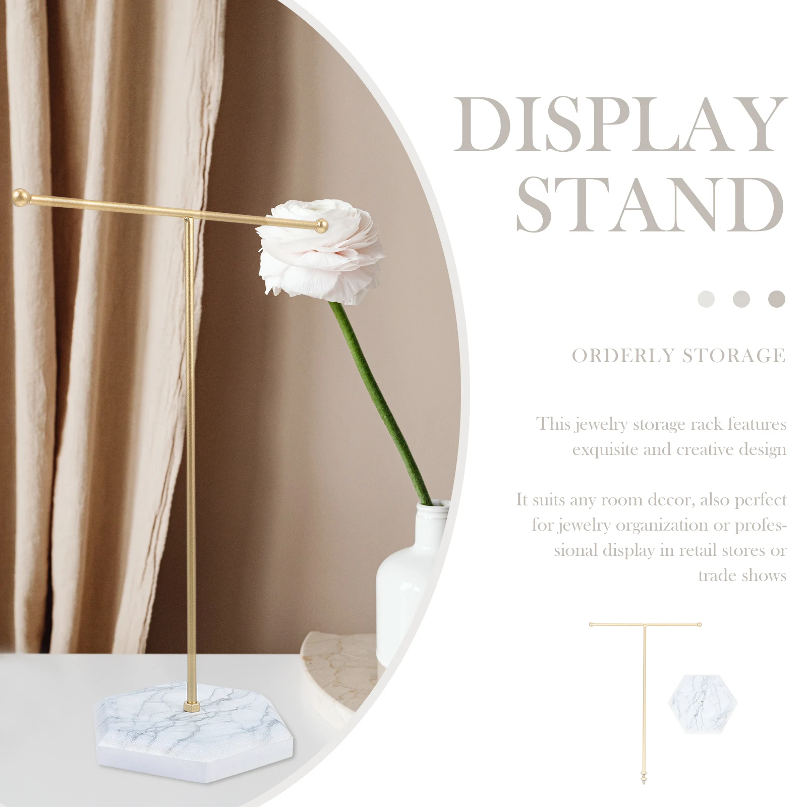

T Shape Iron Jewelry Display Stand Earring Holder Rack Marble Base Sturdy Wear Resistant Use Space for Jewelries
