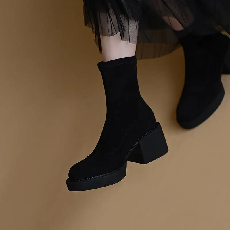 2024new elastic boots women thick-soled platform platform socks boots thick heel mid-heel round head suede women\'s ankle boots