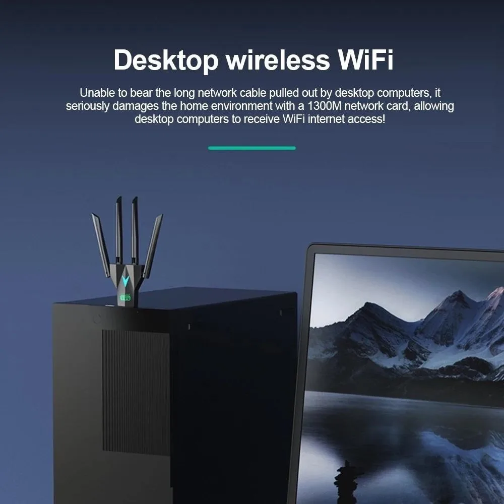 4 Antenna Design Dual Band WiFi USB Adapter Dual Band 2.4G/5Ghz USB Interface 1300Mbps WiFi Dongle Driver Free Powerful