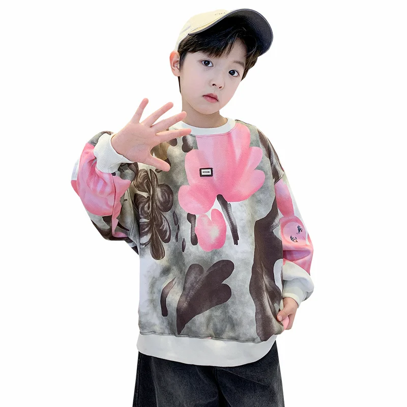 New Children Boy Sweatshirt With Floral Print Spring Clothing Street Outerwear Teenage Kids Cotton Long Sleeve Flower Tee Tops