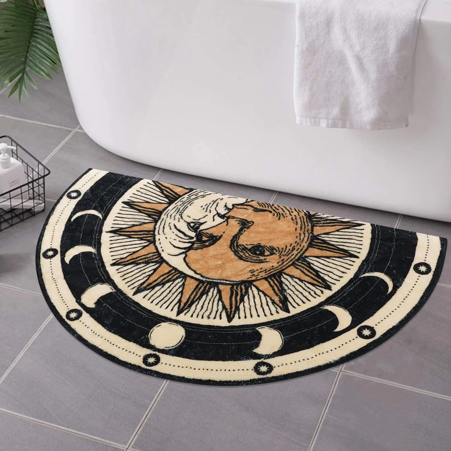New Arrival Half Round Sun and Moon Face Rug, Vintage Celestial Tarot Style Semicircle Floor Mat, Non Slip Soft Carpet for Entry