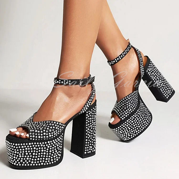 Black Open Toe Sandals Rhinestones Chunky Heels Black Silver Crystal Platform Thick High Heel Buckle Strap Sandals Women Shoes