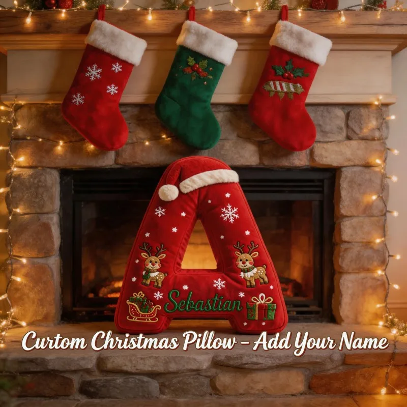 Custom Photo Letter Shaped Pillow, Personalized Name Initial Decorative Cushion with Festive Holiday Design, Unique Home Accent