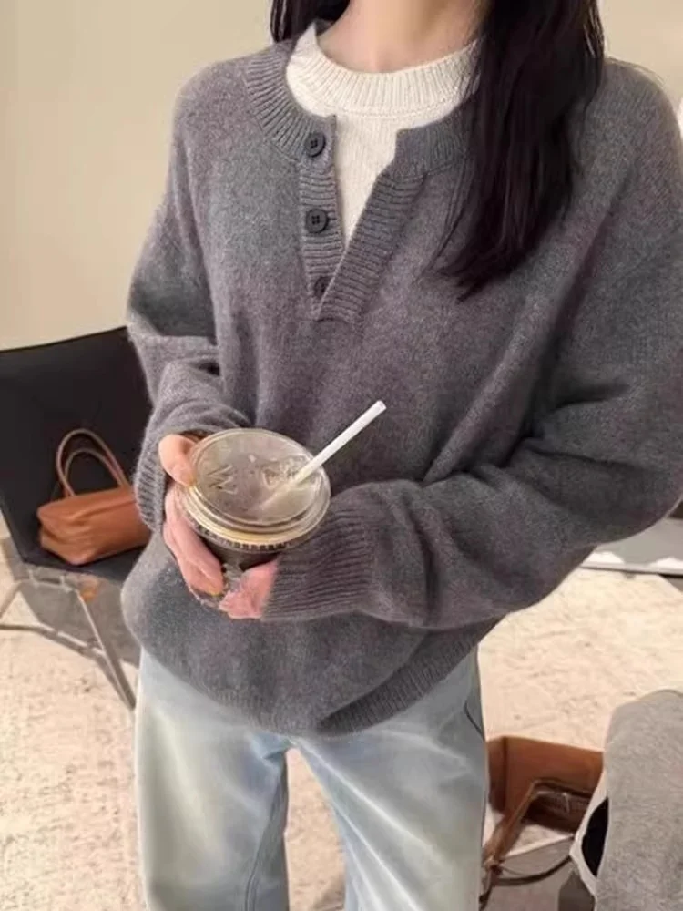 เสื้อสเวตเตอร์แคชเมียร์ปลอมแบบคอเปิดครึ่งตัว รุ่นใหม่สำหรับฤดูใบไม้ร่วงและฤดูหนาว เสื้อสเวตเตอร์ทรงหลวมสำหรับผู้หญิง แขนยาว