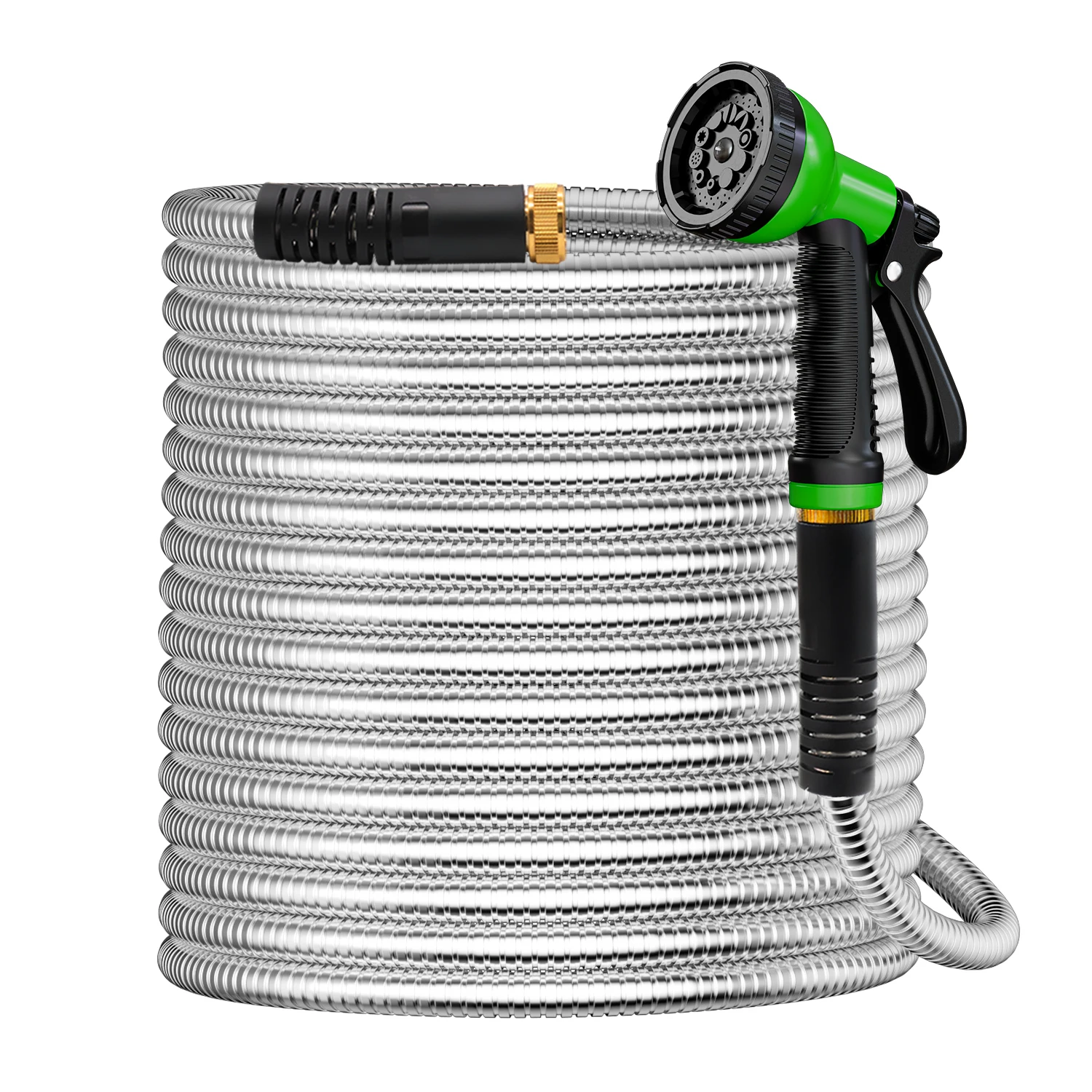 Heavy Duty Stainless Steel Garden Hose with 10-Function Nozzle, No-Kink, Rust-Proof, Flexible Metal Water Hose for Yard, Outdoor