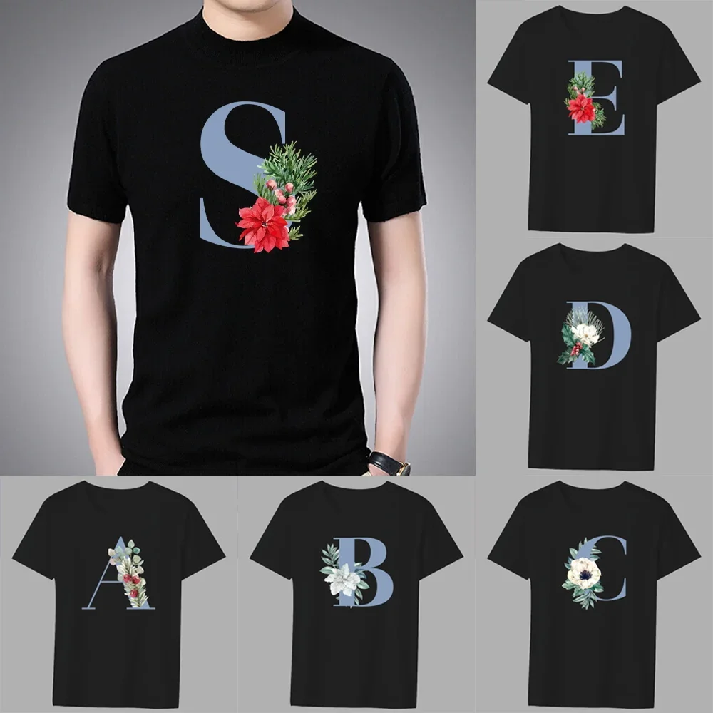 Men's T-shirt Basic Print Short Sleeve Anime Top Blue Lettern Series Casual Black  O-neck Youth Men's Commuter Comfortable Shirt