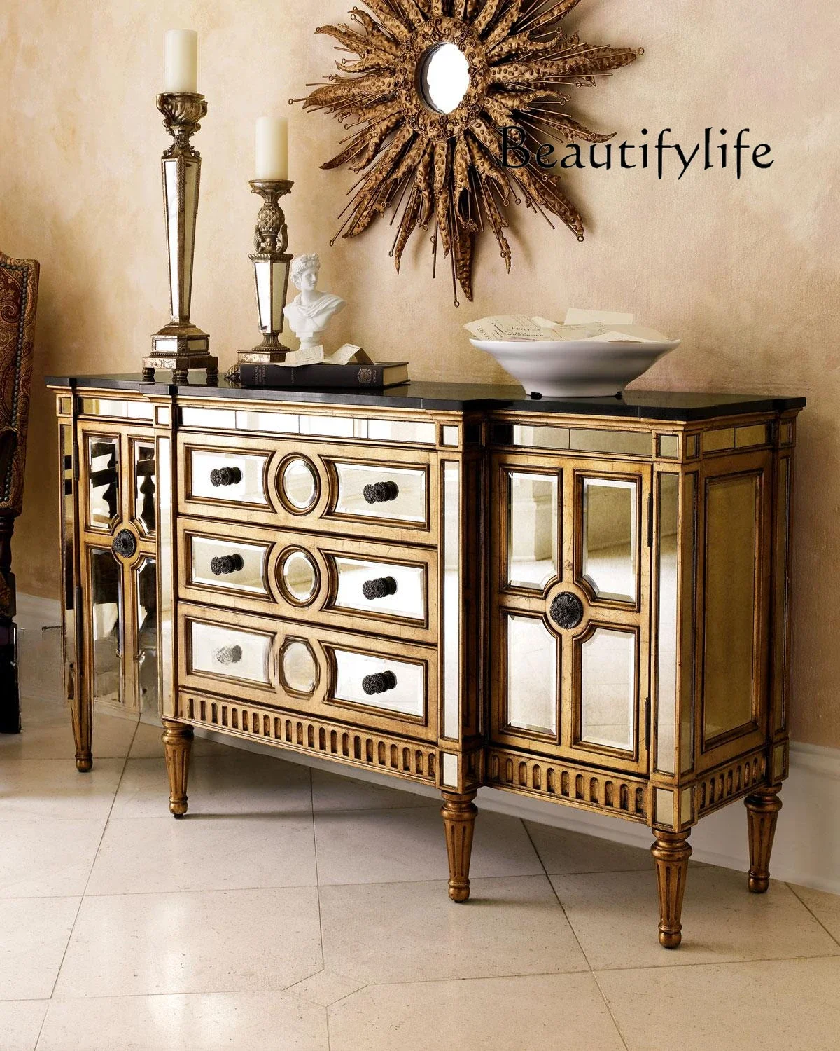 Neoclassical dining side cabinet, entrance cabinet, storage retro and old mirror furniture cabinet designer