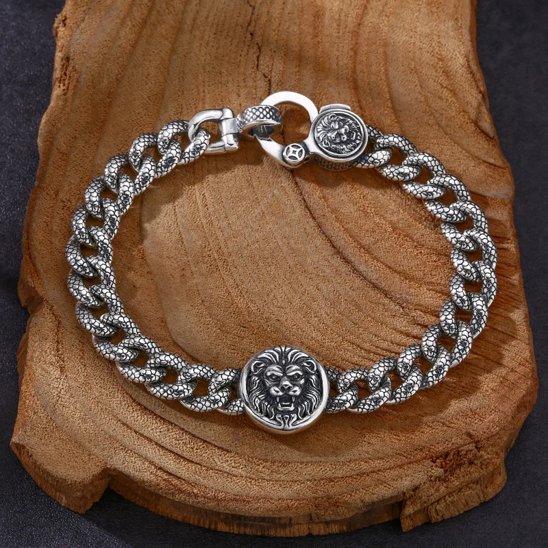 925 sterling silver bracelet lion ring buckle thick type bracelet trend Thai silver retro retro style personality ornament