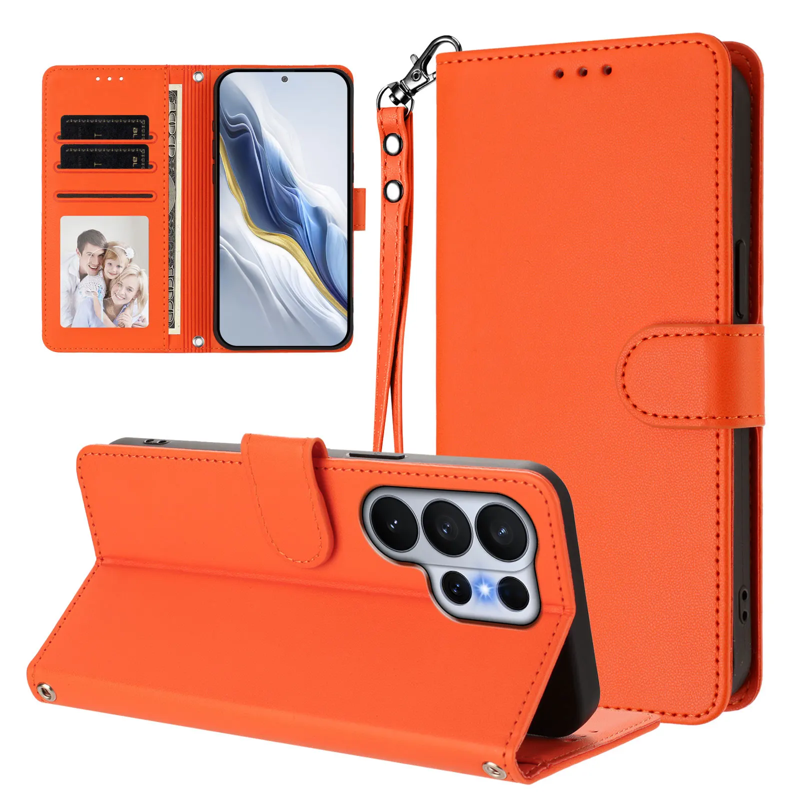 Lanyard Plain Leather Flip Case For Samsung Galaxy A57 A37 A27 A17 A07 A56 A36 A26 A16 A06 A55 A35 A25 A15 Wallet Phone Cover