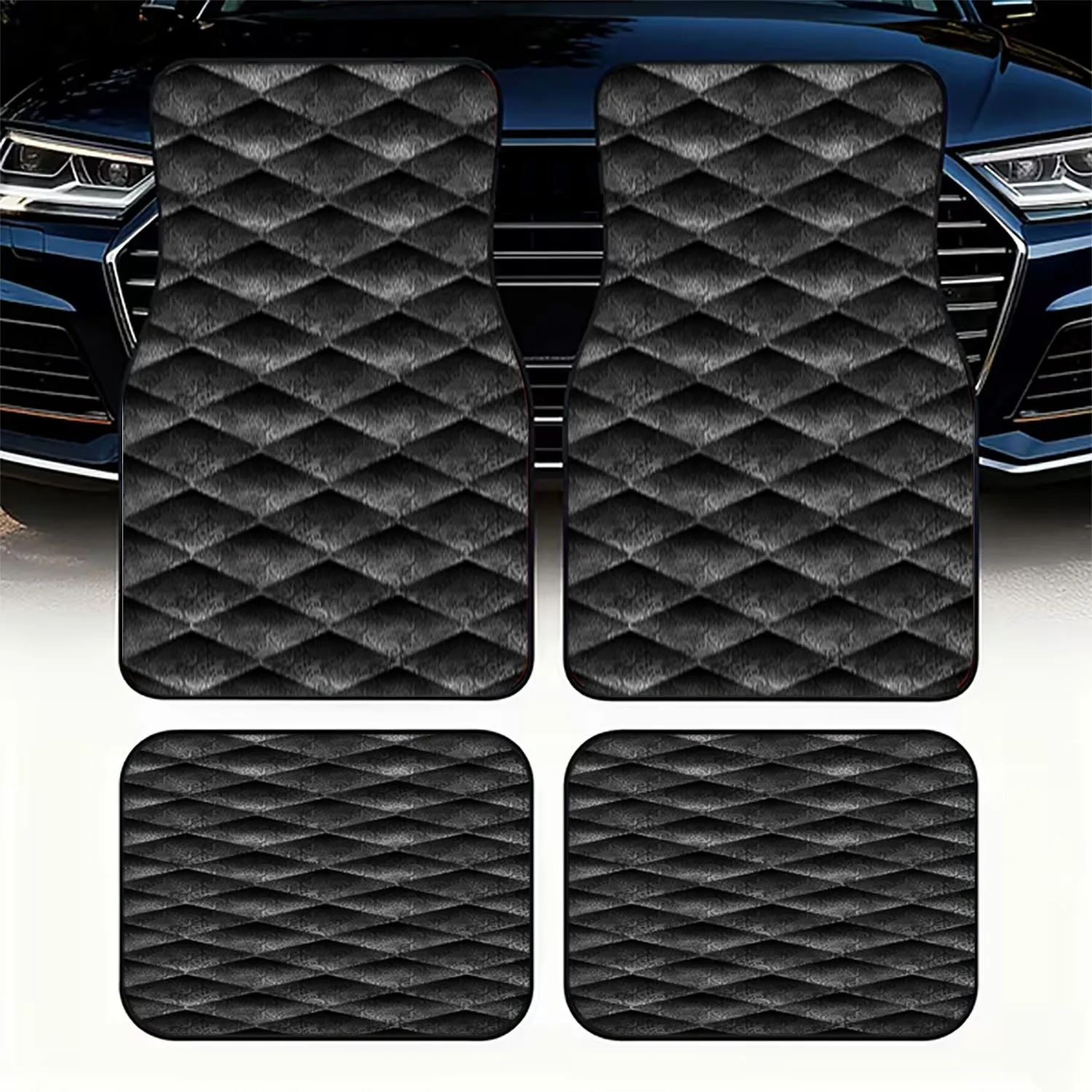 4pcs Car Floor Mats, Rhombus Pattern Dark Gray/Black With Silvery/White Filigree, Material, Ornate Symmetrical Design, For Car I