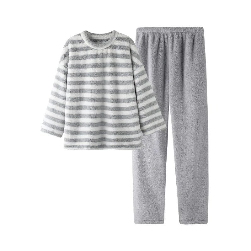Stripe jacquard flannel girls' pajamas round neck pullover coral velvet pajamas women's thickened warm and lovely home clothes