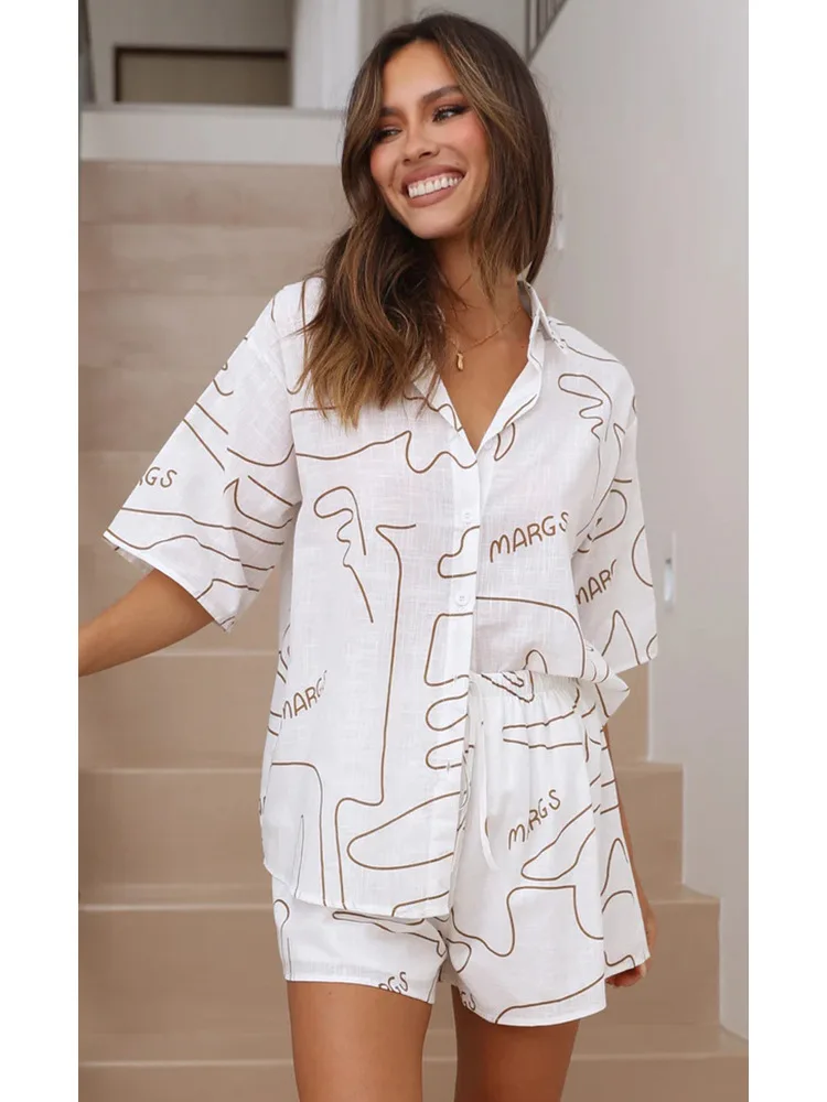 Women's Short Sleeve Shirt Shorts Set 2023 Summer New Casual Letter Abstract Line Print Two-Piece Set