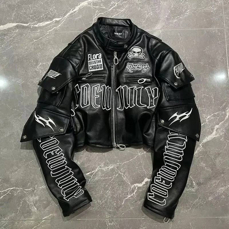 American style street letter embroidery skull motorcycle style PU leather jacket short jacket for women 2024 Spring and Autumn