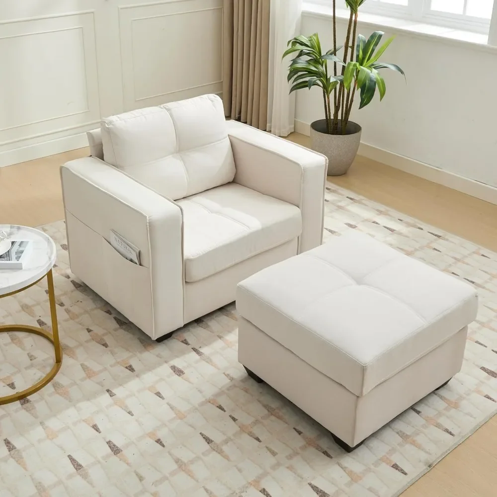 Oversized Chaise Lounge Chair Indoor, Accent Chair with Ottoman, Armchair with Pockets