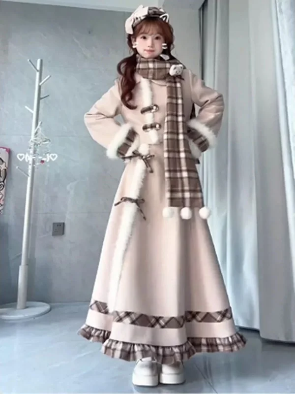 Winter Atmosphere Sweet Missy Style Woolen Skirt Set Women's Autumn Winter Coat Scarf Christmas Costume Fashionable Outfit