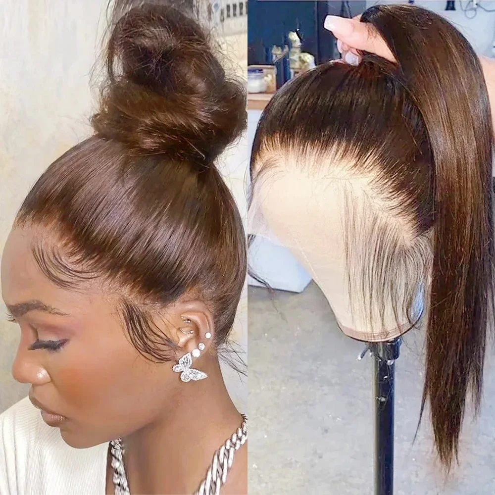 Chocolate Brown Bone Straight Lace Front Wigs 13x4 HD 360 Full Lace Wig Free Part for Women Pre Plucked Glueless Daily Cosplay