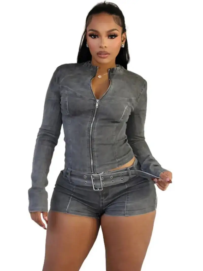 

Sexy Denim Womens 2 Two Piece Set Stretchy Long Sleeve Zip Up Slim Jackets And Shorts Suits Y2k Belt Jean Outfit Sets