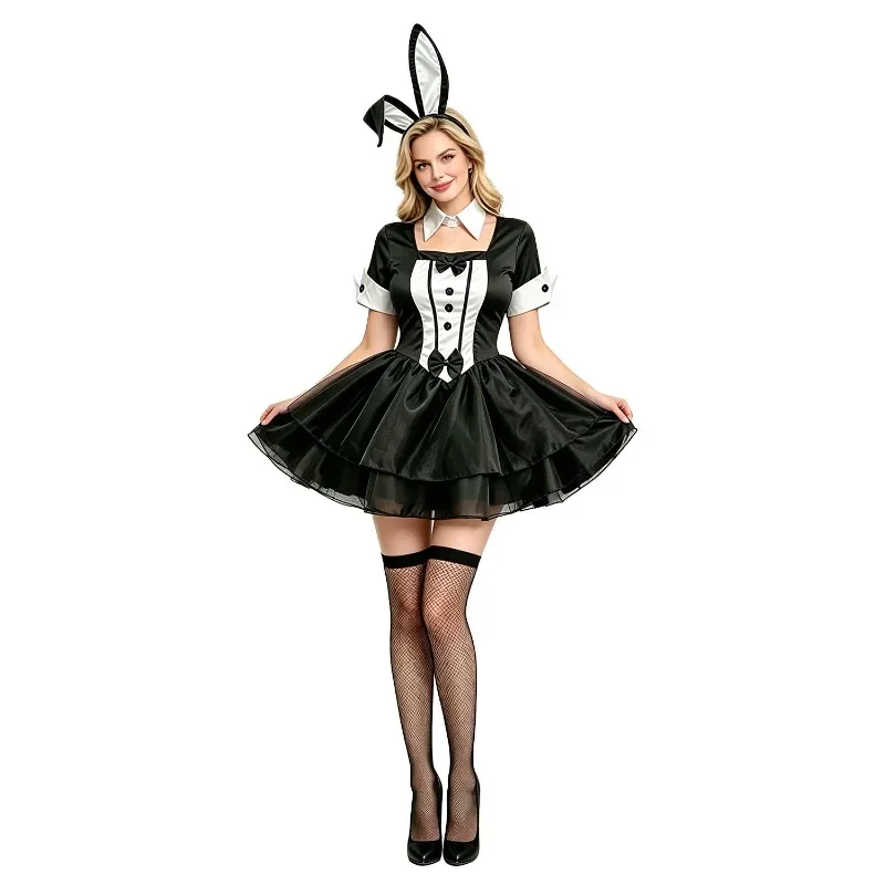 Halloween Halloween Cosplay Women Black White Tux Bunny Costume Short Sleeve Tutu Dress with Rabbit Ears for Fancy Dress Party Outfits - Aliexpress Deal