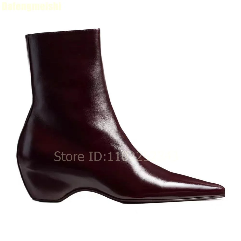 Women's Burgundy Leather Ankle Boots Fashion Pointed Toe Wedge Heel Short Boots Elegant Slip-On Dress Boots Office Size 35-43