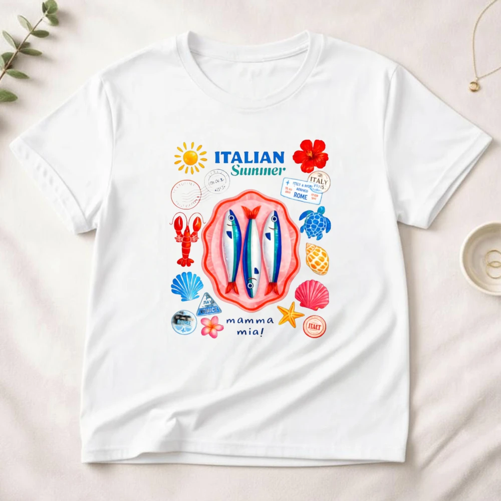 Italian Summer Seafood Stamp Collage Graphic Unisex Cotton Tshirt Mediterranean Holiday Print Short Sleeve Fashion Trip Tops