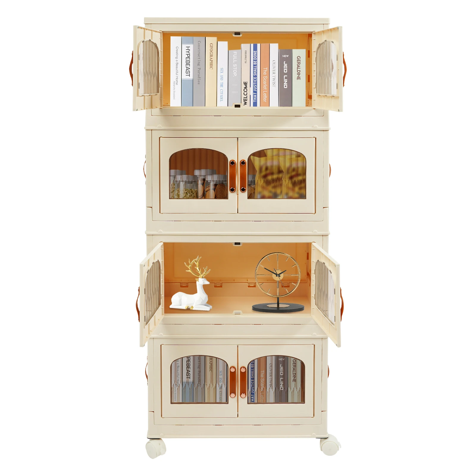 

Foldable Multi-layer Plastic Storage Box with Rolling Wheels, 4 Tier Double-Door Organizer Clothing Storage Cabinet