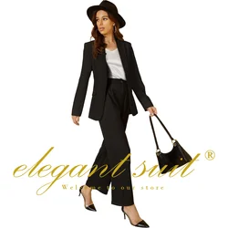 Women's black classic tailoring suit solid color single button suit + wide leg pants 2-piece set suitable for office workers