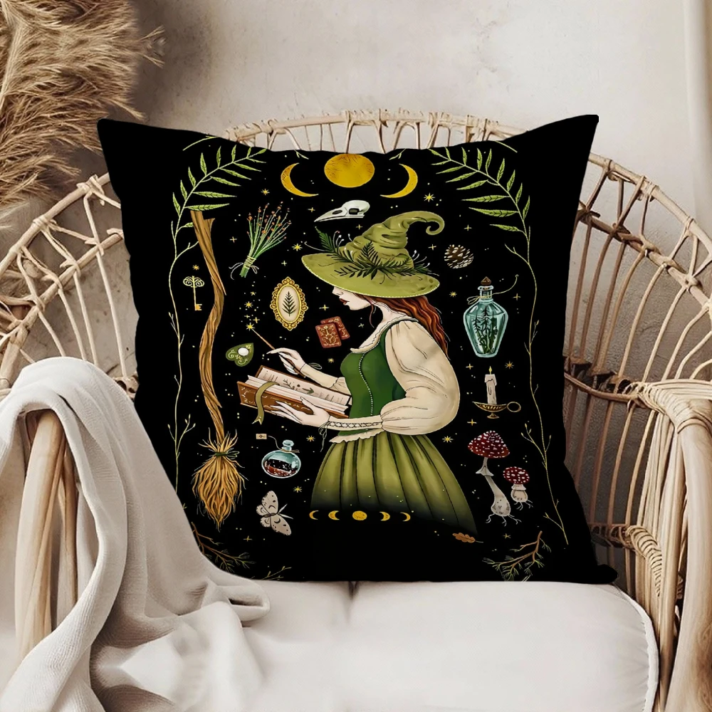 Square Throw Pillow Case Black Witch Reading Book Moon Stars Herbs Magic Decorative Cushion Cover For Living Room Sofa Bedroom H