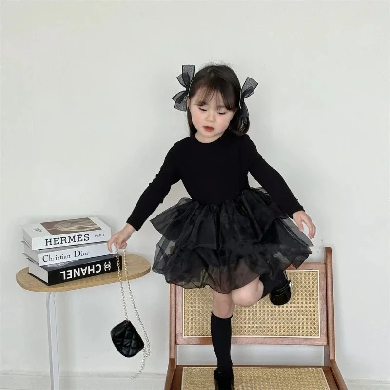 2025 New Spring Black Tulle Birthday Princess Gown Children Costume Girls Long Sleeve Tutu Dresses Kids Elegant Party Dress