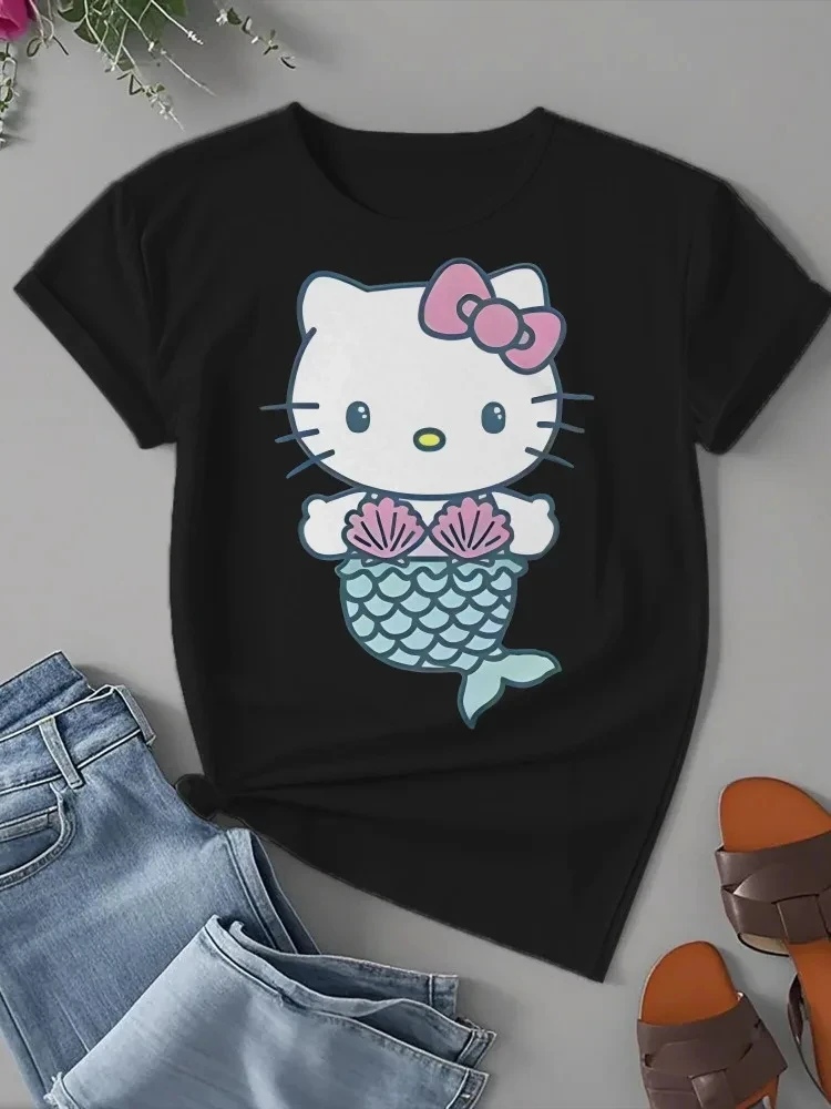 

Hello Kitty Sanrio Women's T-Shirt Mermaid Tail Design Pink Bow and Green Shell Casual Short Sleeve Round Neck Top Cute Shirt