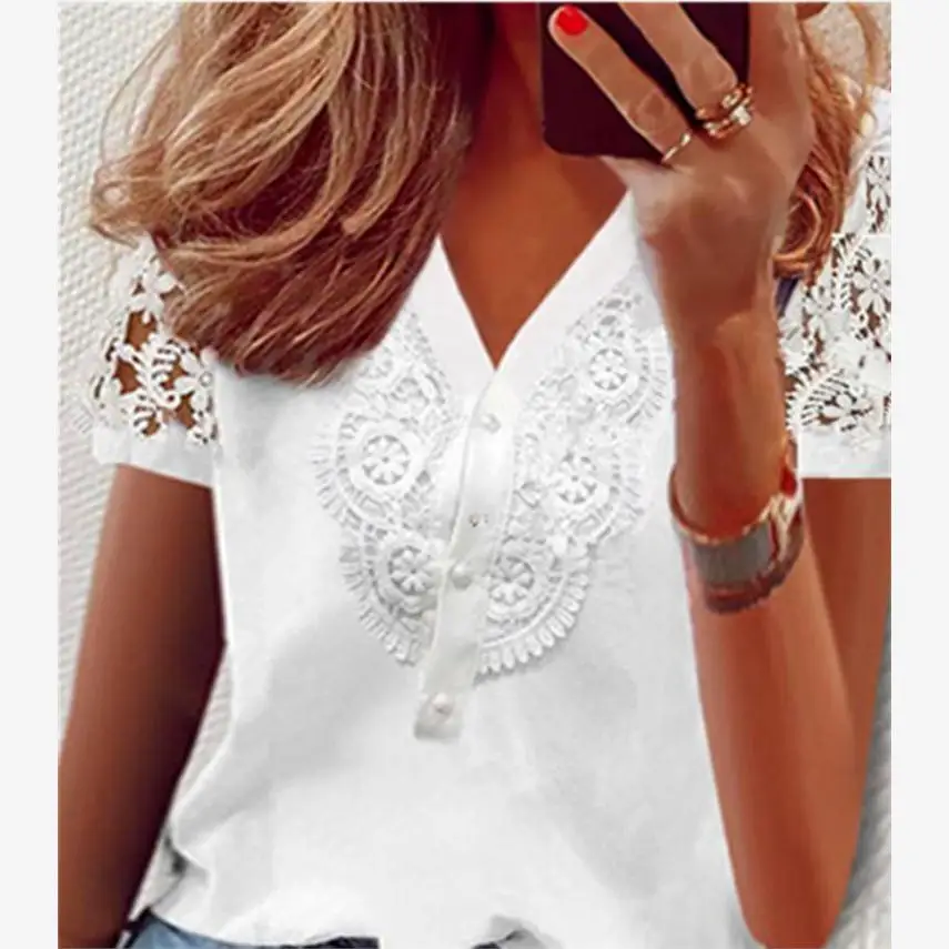 OL White V-ne Buttoned Lace Splice ort Sve irt Commute Sle Women's Top Polyester Fabric Straight Cut Regular Length