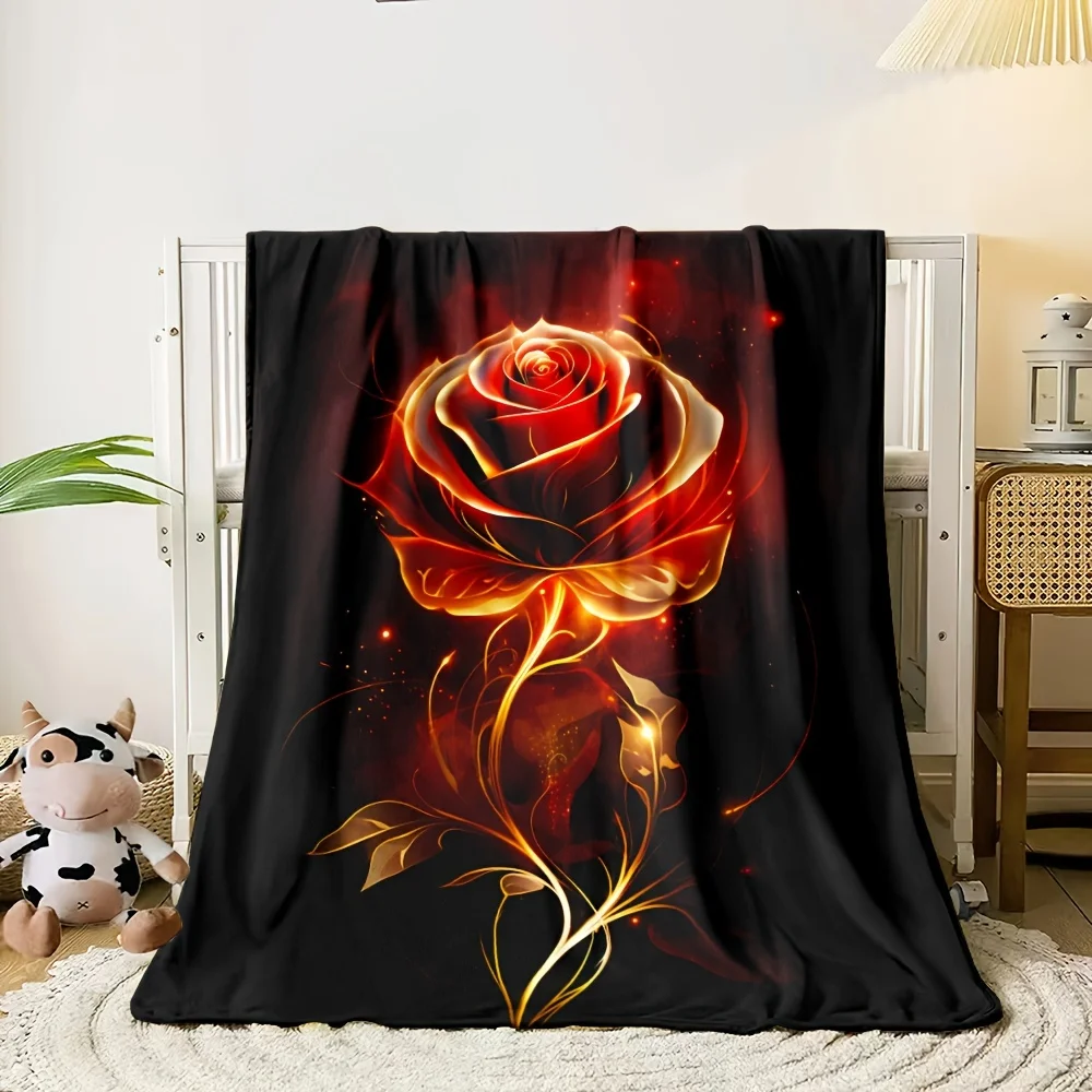 Cozy Red Flame & Golden Rose Print Flannel Throw – Lightweight Blanket for Sofa, Bed, Office, Travel & Camping