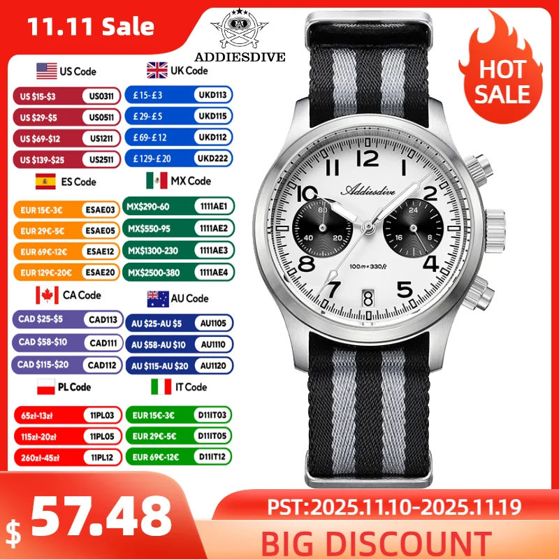 

ADDIESDIVE New 39mm Men's Quartz Chronograph Watch Waterproof Sapphire Glass Nylon Strap Super Luminous Wristwatch Men Watches